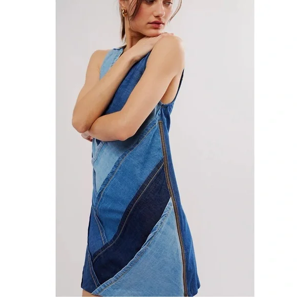 Free People Bohemian 70s Patches Of Denim Mini Dress XS NWT Patchwork Fall Retro - Picture 3 of 16